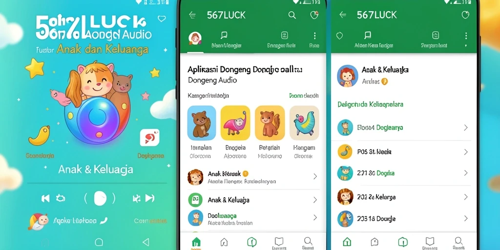 Tampilan antarmuka aplikasi dongeng audio yang menarik untuk anak-anak.