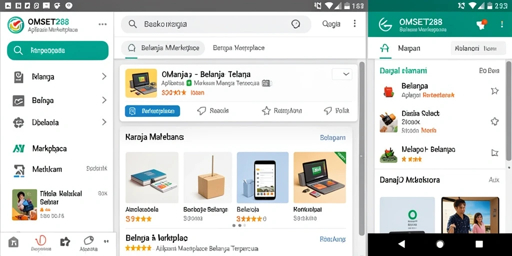 Tampilan aplikasi OMSET288 dengan fitur Marketplace yang lengkap.